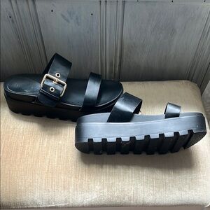 EGO Black Platform Sandals gold adjustable buckle size 9 minimalist y2k 2000s